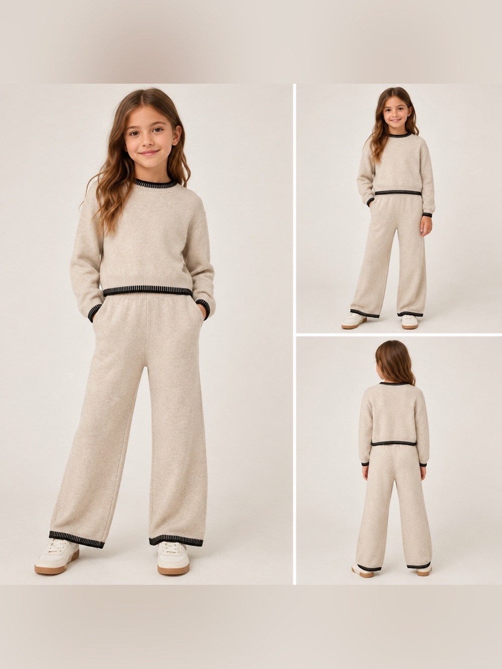 Happily Grey Girls Knit Sweater & Pants Matching Set Size M (7/8) Beige/black